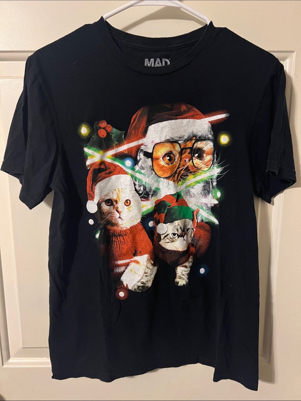 MAD Engine Black Short Sleeve Tee with Festive Cat Santa Graphic